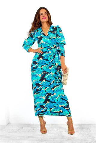 Drive 'Em Wild - Blue Turquoise Camo Leopard Print Midi Wrap Dress