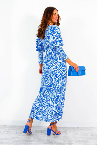 Drive 'Em Wild - Blue White Zebra Print Midi Wrap Dress