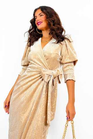 Drive 'Em Wild - Champagne Velvet Gold Sequin Midi Wrap Dress
