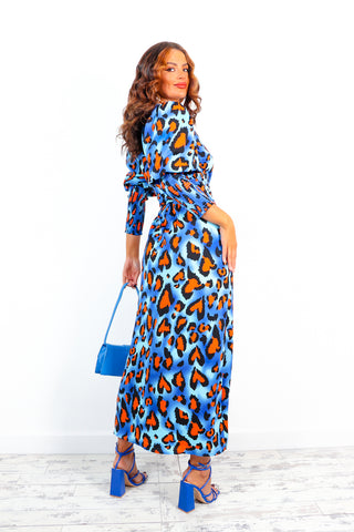 Drive Em Wild - Cobalt Orange Leopard Midi Wrap Dress
