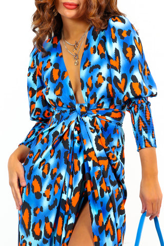 Drive 'Em Wild - Cobalt Orange Leopard Midi Wrap Dress