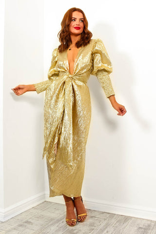 Drive 'Em Wild - Gold Wrap Midi Dress