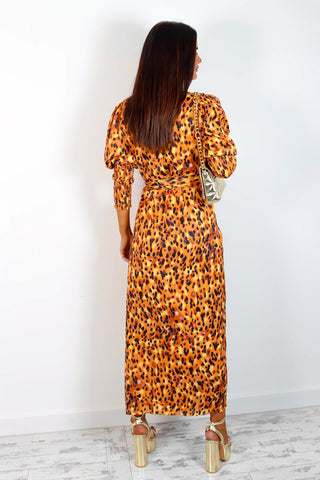 Drive 'Em Wild -  Golden Leopard Print Midi Wrap Dress