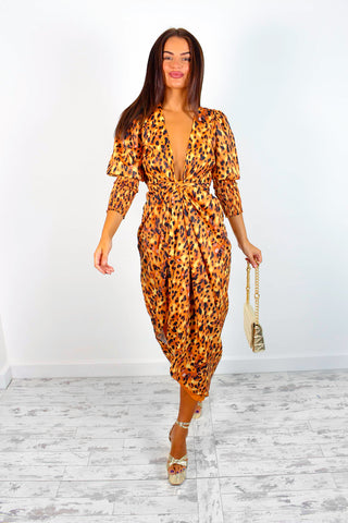 Drive 'Em Wild -  Golden Leopard Print Midi Wrap Dress