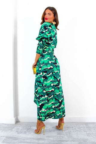 Drive 'Em Wild - Green Black Animal Print Midi Wrap Dress