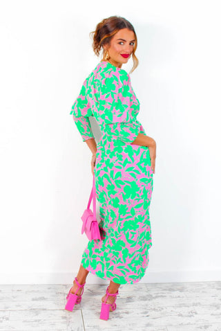 Drive 'Em Wild - Green Pink Leaf Print Midi Wrap Dress