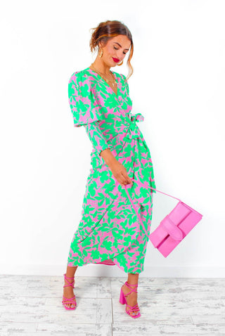 Drive 'Em Wild - Green Pink Leaf Print Midi Wrap Dress
