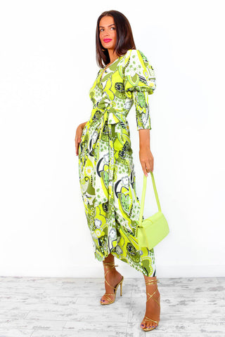 Drive 'Em Wild - Lime Paisley Print Midi Wrap Dress