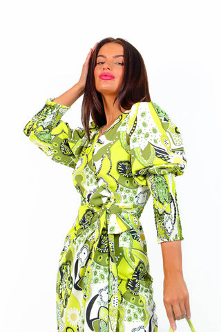 Drive 'Em Wild - Lime Paisley Print Midi Wrap Dress