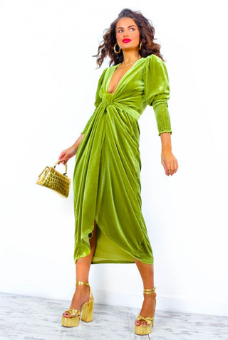 Drive 'Em Wild - Olive Green Velvet Midi Wrap Dress