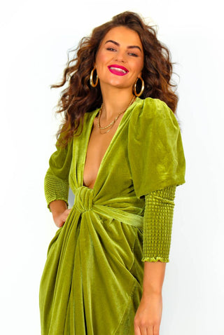 Drive 'Em Wild - Olive Green Velvet Midi Wrap Dress