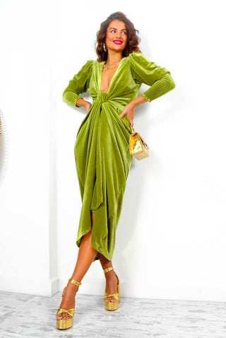 Drive Em Wild - Olive Green Velvet Midi Wrap Dress
