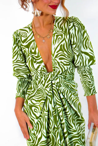 Drive 'Em Wild - Olive Green White Zebra Print Midi Wrap Dress