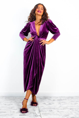 Drive 'Em Wild - Purple Velvet Midi Wrap Dress