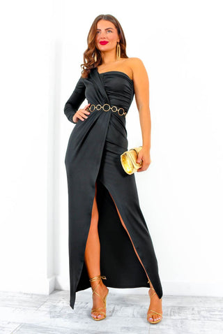 Elegance Is Key - Black One Shoulder Midi Dress