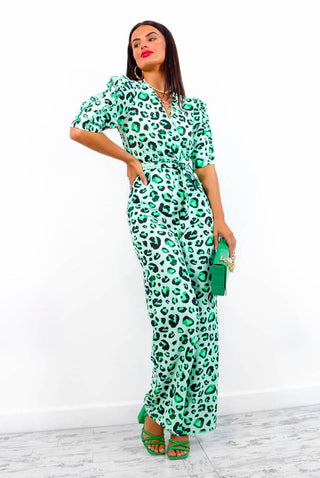 Feline Myself - Green Leopard Print Jumpsuit