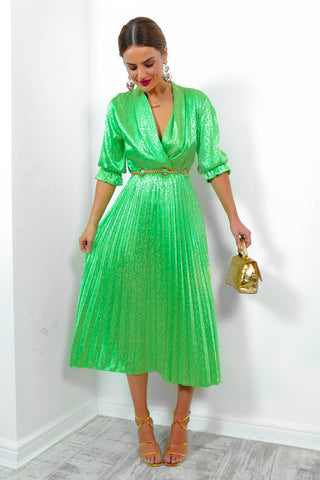 Finest Moment - Green Jacquard Pleated Midi Dress