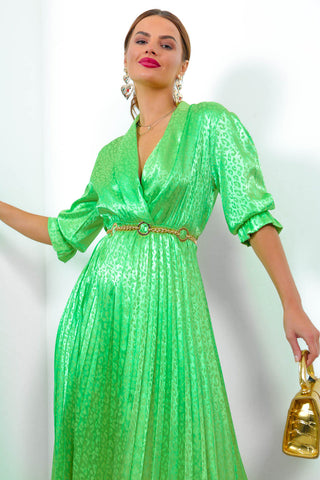 Finest Moment - Green Jacquard Pleated Midi Dress