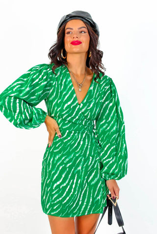 First Love - Green Zebra Mini Wrap Dress