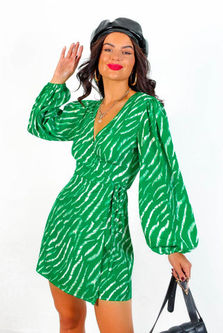First Love - Green Zebra Mini Wrap Dress