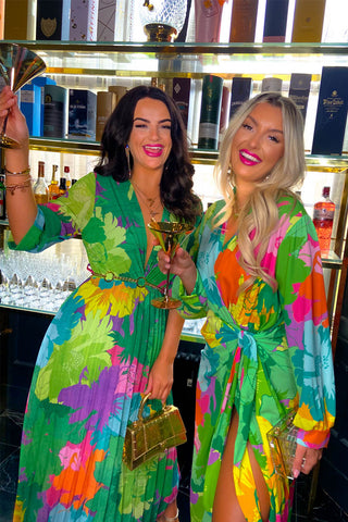 Flirty In Floral - Green Multi Pleated Midi Dress