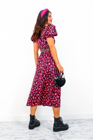 Floral Frenzy - Black Magenta Leopard Print Midi Dress