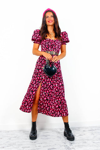 Floral Frenzy - Black Magenta Leopard Print Midi Dress