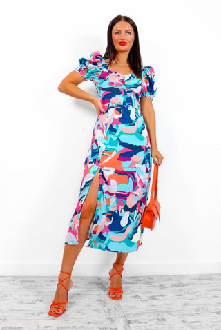 Floral Frenzy - Blue Multi Abstract Print Midi Dress