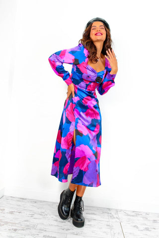 Floral Frenzy - Cobalt Magenta Abstract Midi Dress