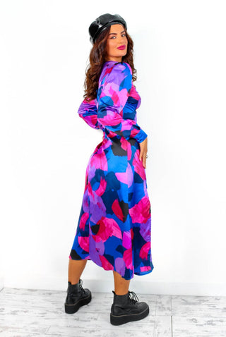 Floral Frenzy - Cobalt Magenta Abstract Midi Dress