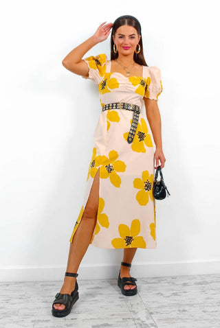 Floral Frenzy - Mustard Floral Midi Dress