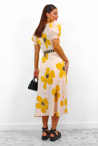 Floral Frenzy - Mustard Floral Midi Dress