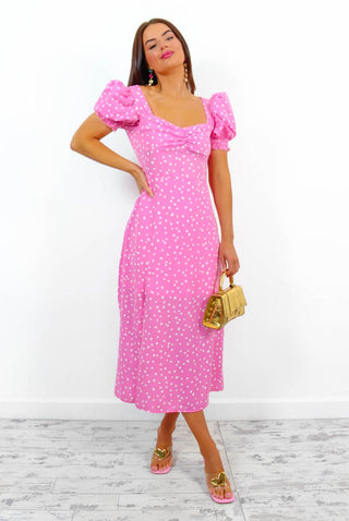 Floral Frenzy - Pink Polka Dot Midi Dress