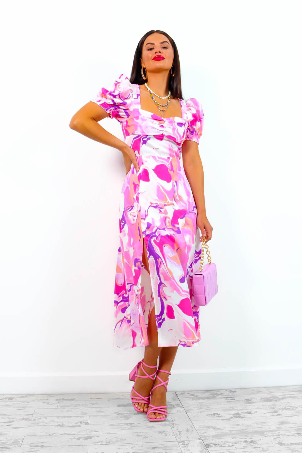Floral Frenzy - Pink Orange Floral Midi Dress – DLSB