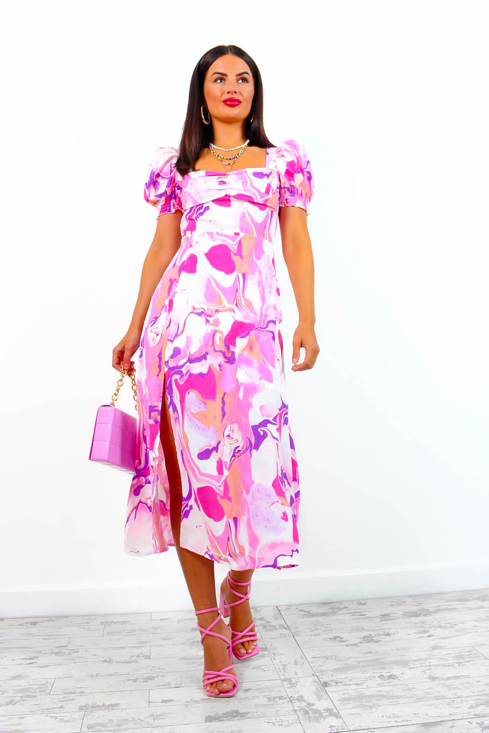 Floral Frenzy - Pink Orange Floral Midi Dress – DLSB