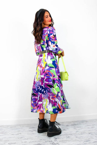Floral Frenzy - Purple Lime Abstract Print Midi Dress