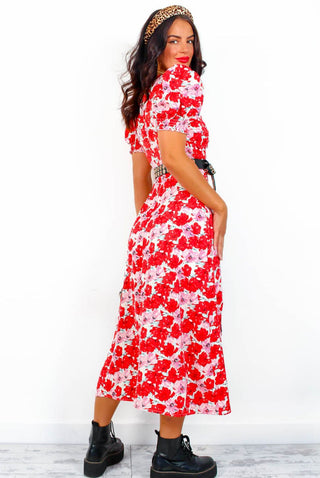 Floral Frenzy - Red Pink Midi Dress