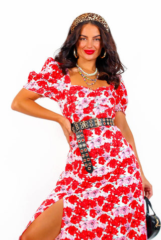 Floral Frenzy - Red Pink Midi Dress