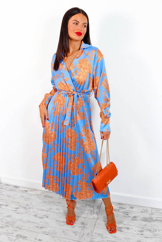 Fool For Floral - Blue Orange Pleated Maxi Dress