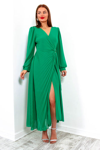 For The Fame - Green Pleated Midi Wrap Dress