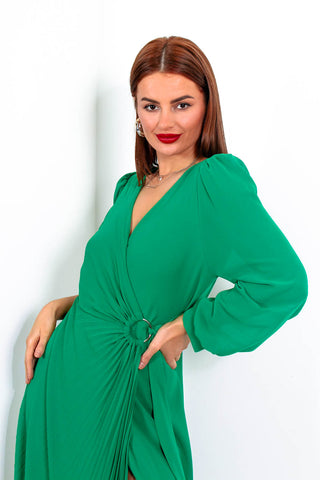 For The Fame - Green Pleated Midi Wrap Dress
