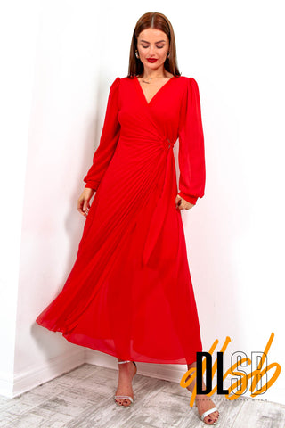 For The Fame - Red Pleated Wrap Midi Dress