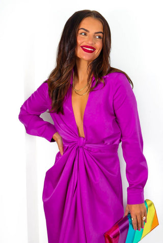 Forget The Rules - Magenta Satin Long Sleeve Midi Dress