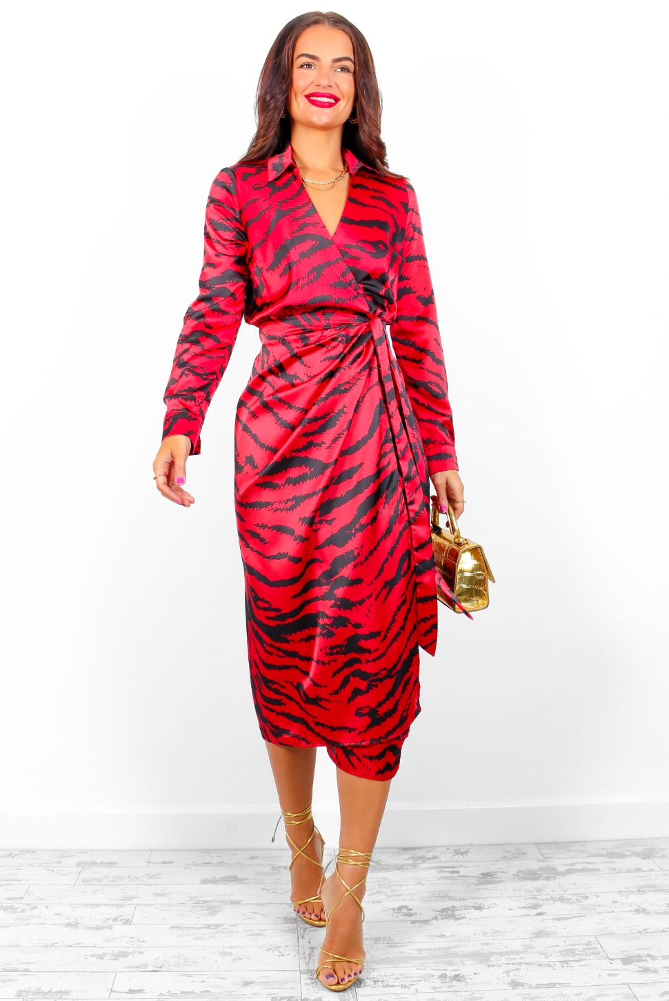 Red Leopard-print satin midi dress