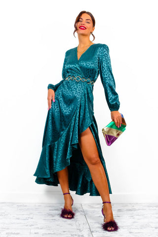 Frilled To Be Here - Forest Leopard Jacquard Midi Wrap Dress