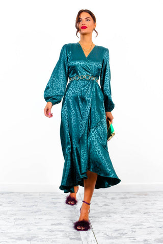 Frilled To Be Here - Forest Leopard Jacquard Midi Wrap Dress