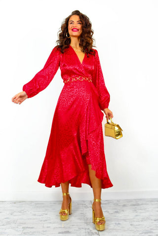 Frilled To Be Here - Red Leopard Jacquard Midi Wrap Dress