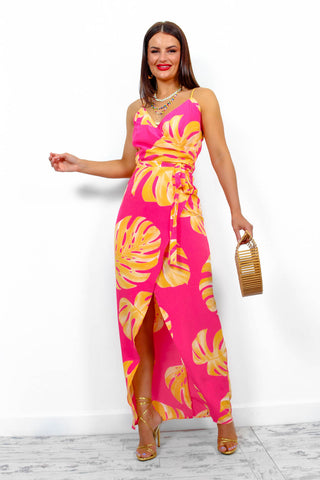 Garden Party - Pink Orange Palm Print Maxi Dress