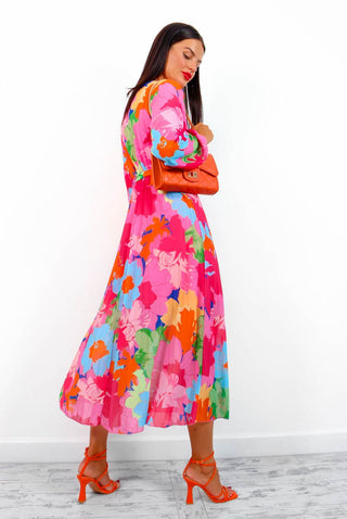 Glamour And Bloom - Pink Multi Floral Midi Dress