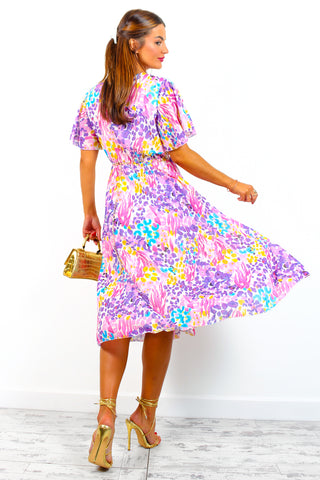 Good For Me - Pink Multi Abstract Print Pleated Midi Dress
